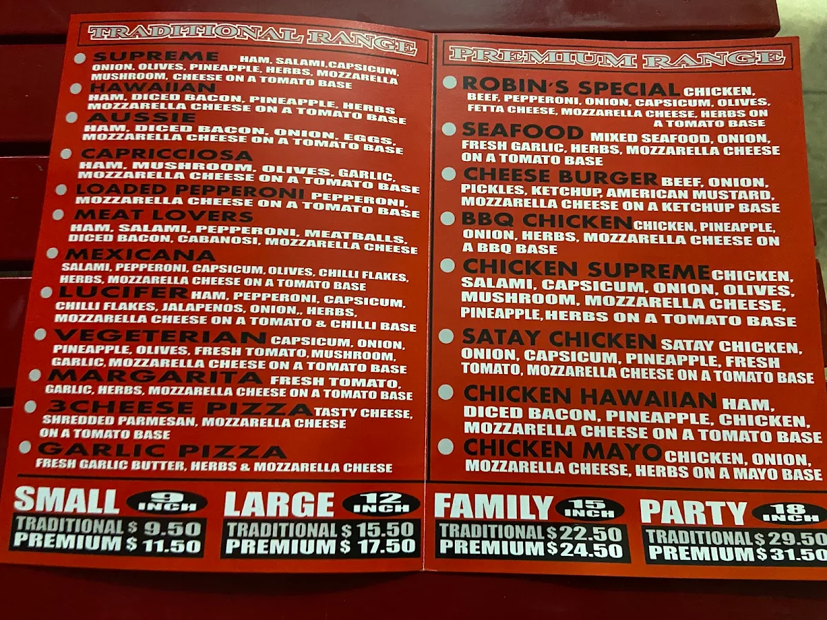 Menu, Robins Pizza, Pasta & Ribs