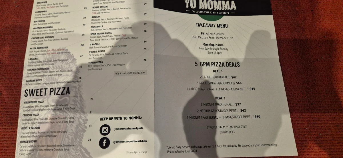 Menu, Yo Momma Woodfire Kitchen