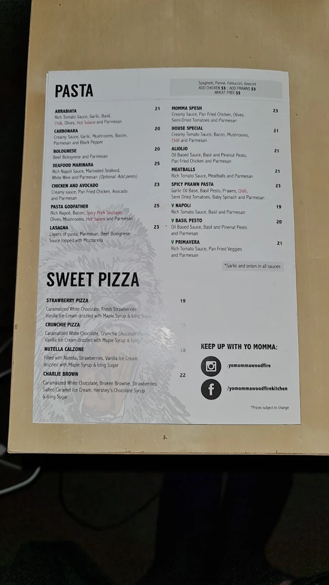Menu, Yo Momma Woodfire Kitchen