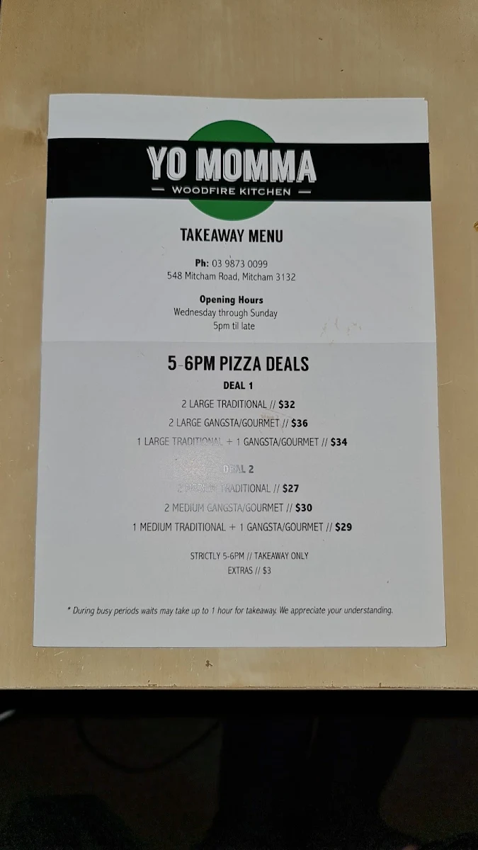 Menu, Yo Momma Woodfire Kitchen