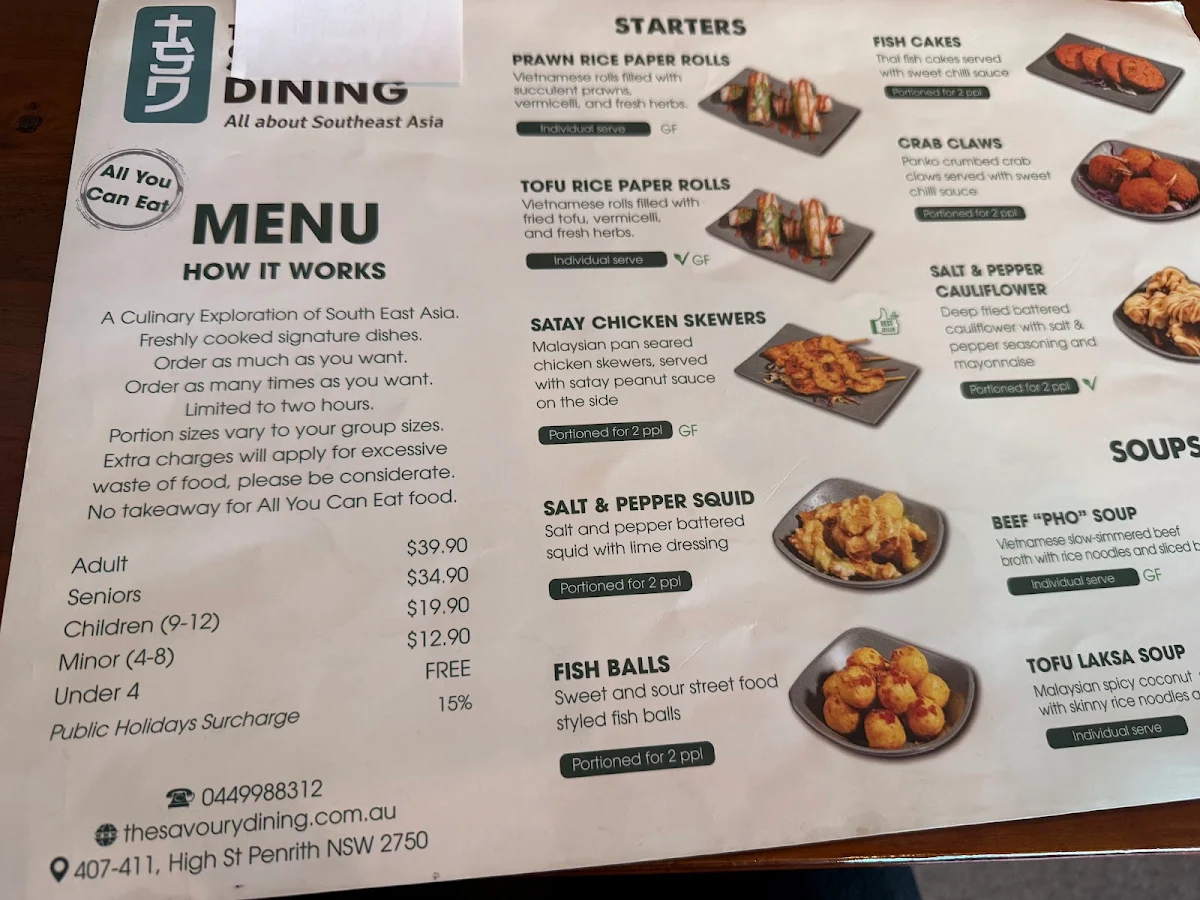 Menu, Savoury Dining Penrith