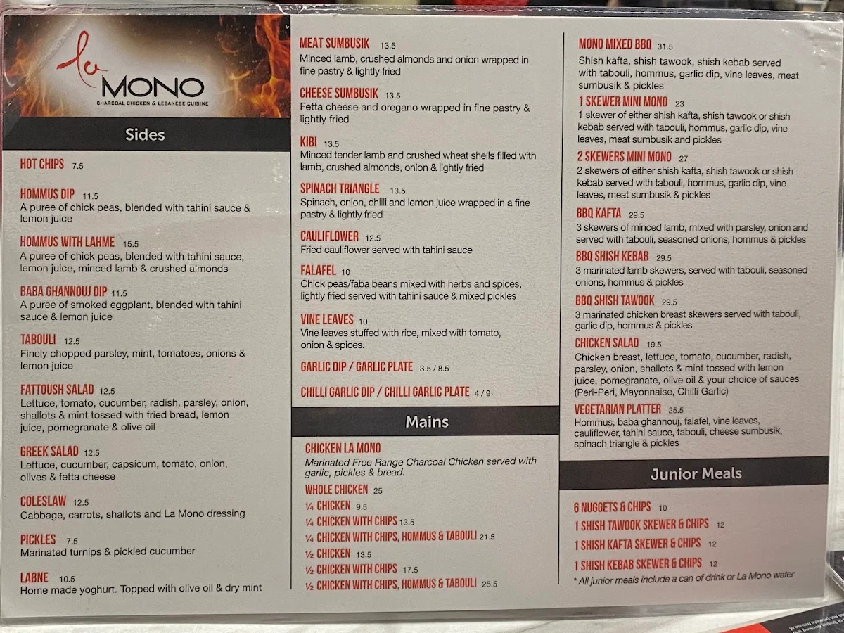 Menu, La Mono Merrylands | Charcoal Chicken & Lebanese Cuisine