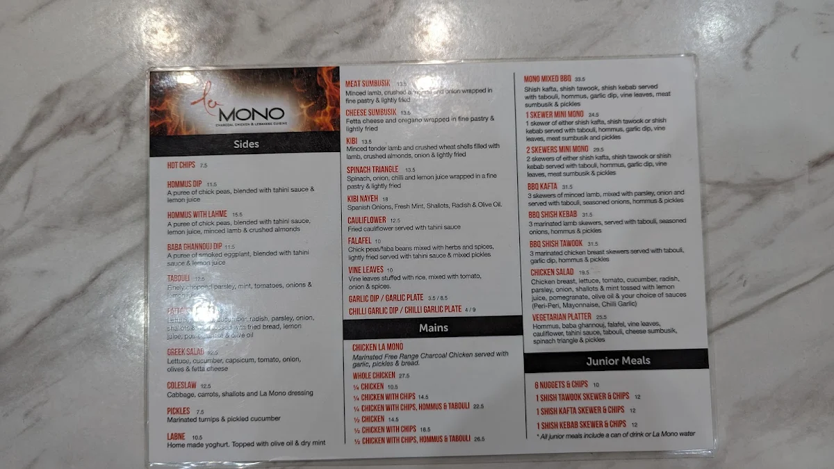 Menu, La Mono Merrylands | Charcoal Chicken & Lebanese Cuisine