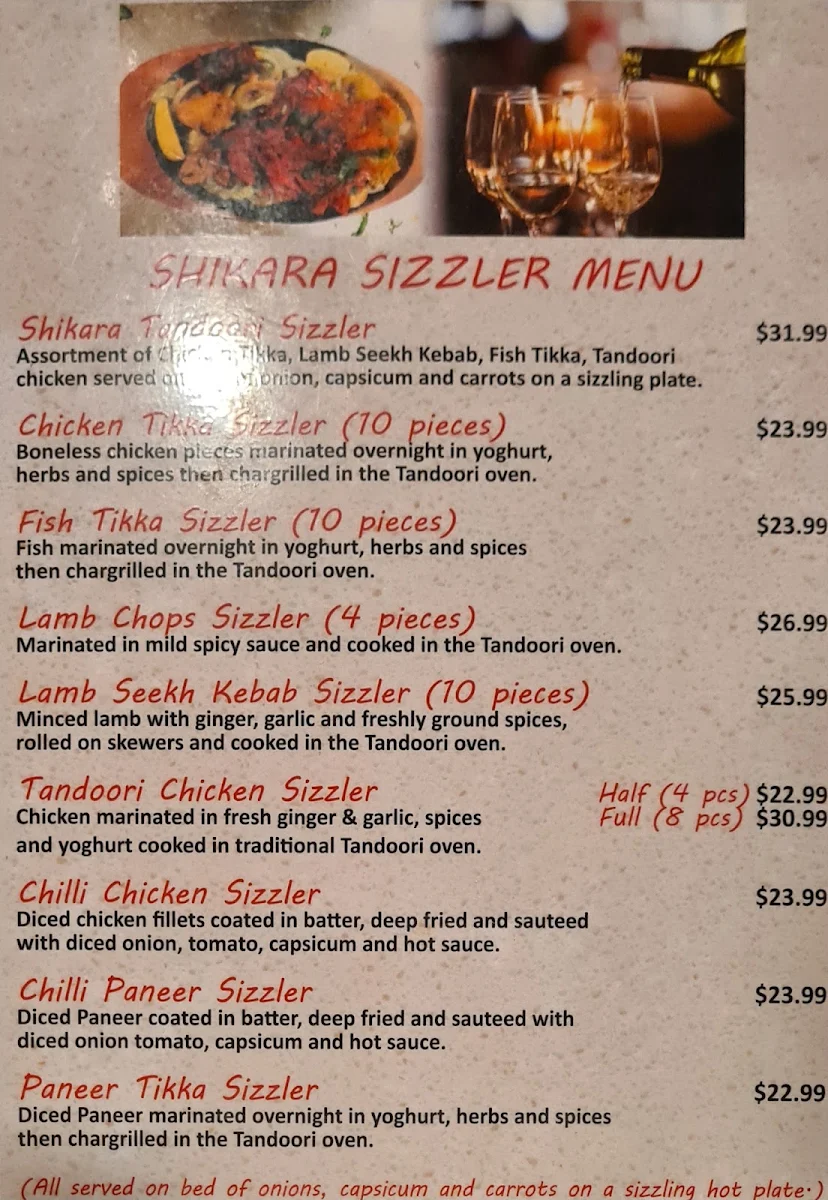 Menu, Shikara Indian Restaurant Mindarie