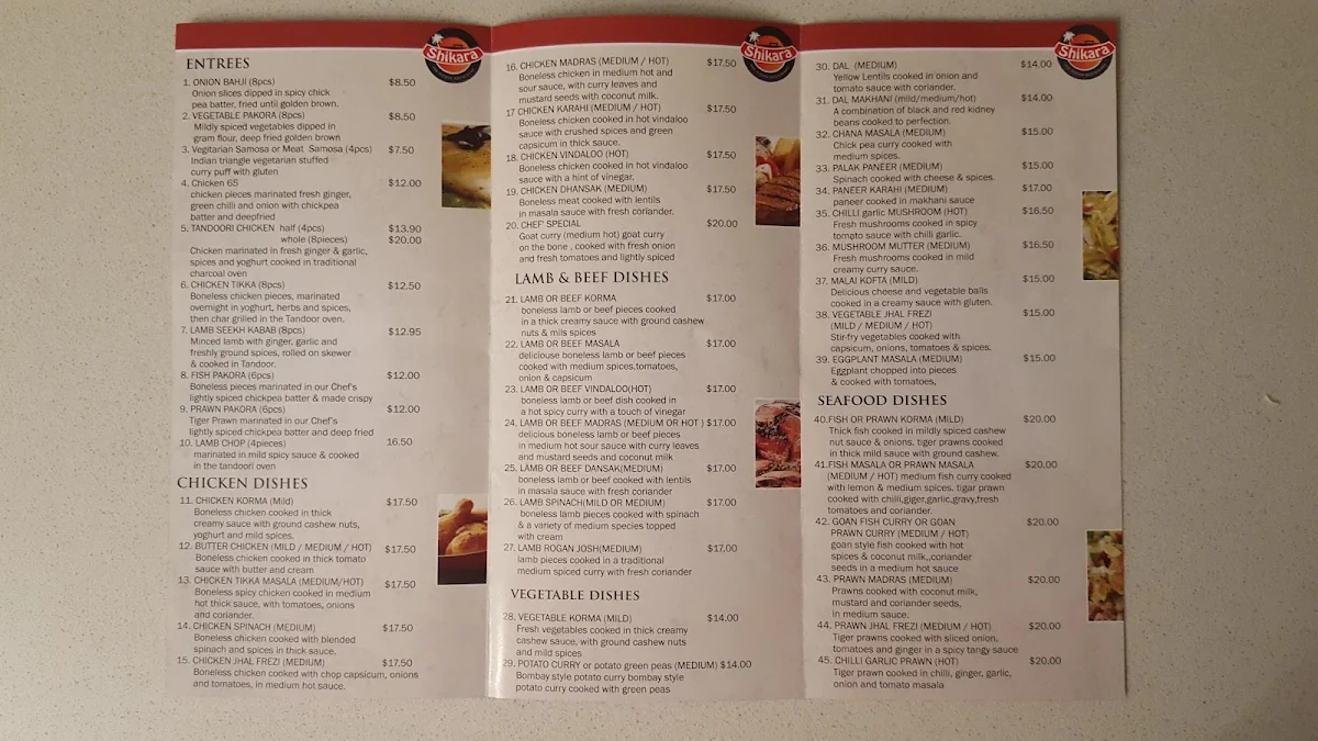 Menu, Shikara Indian Restaurant Mindarie