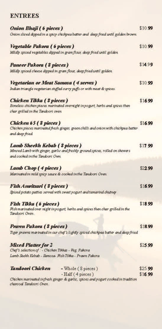 Menu, Shikara Indian Restaurant Mindarie