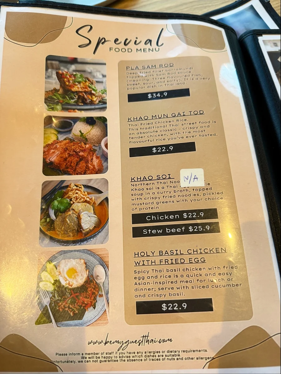 Menu, Be My Guest Thai Kitchen