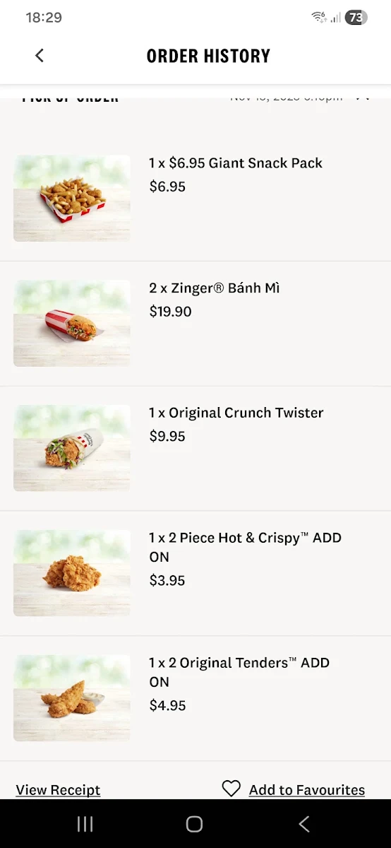 Menu, KFC Nerang