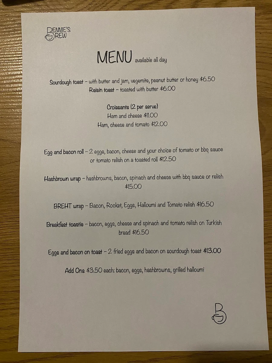 Menu, Bennie's Brew