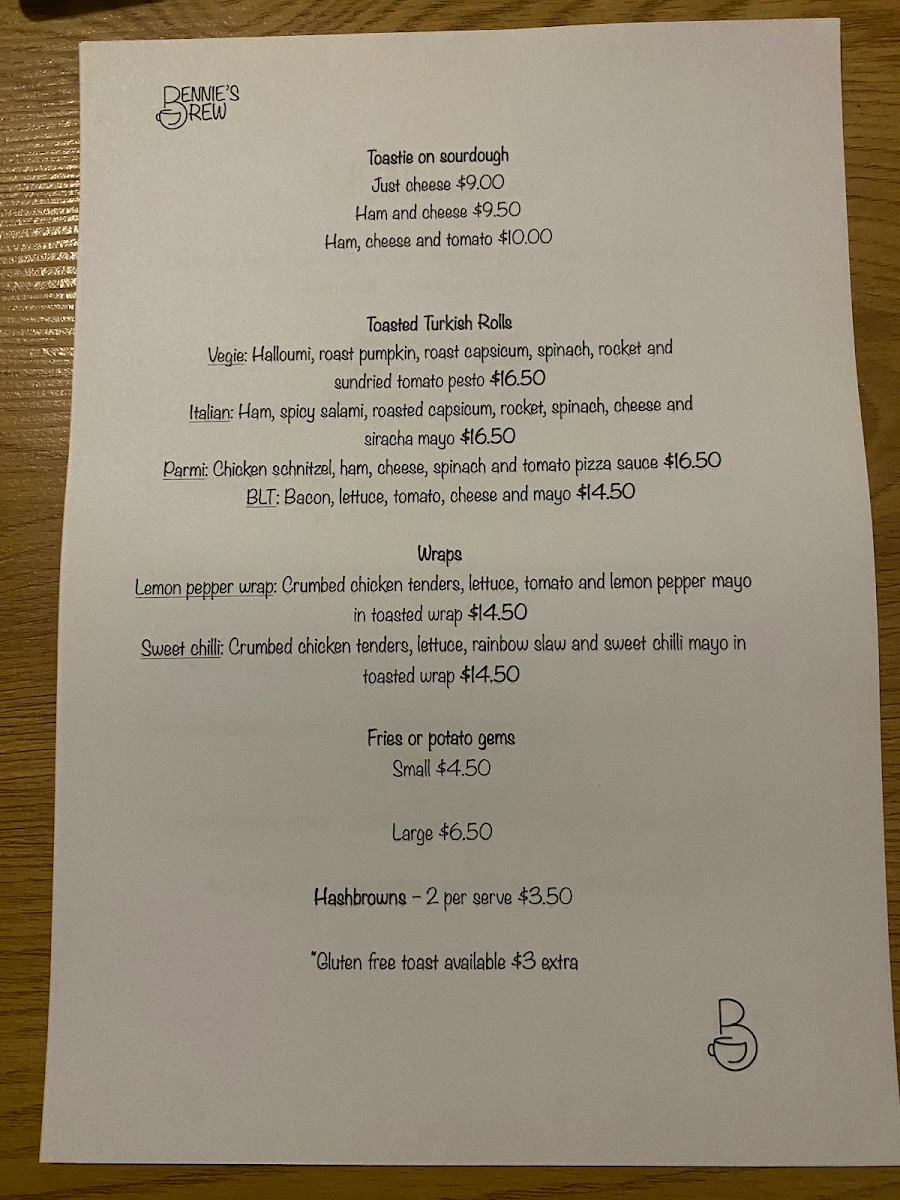 Menu, Bennie's Brew