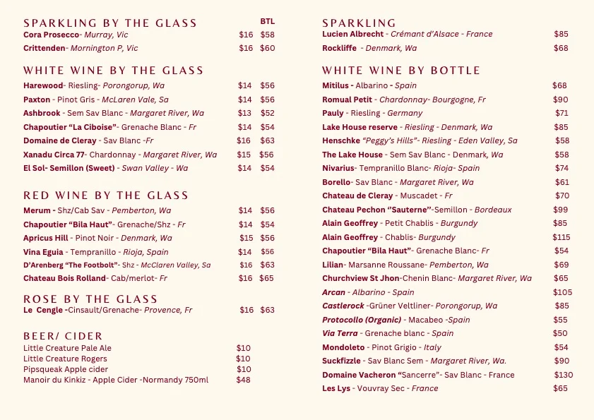Menu, Whisper Wine Bar