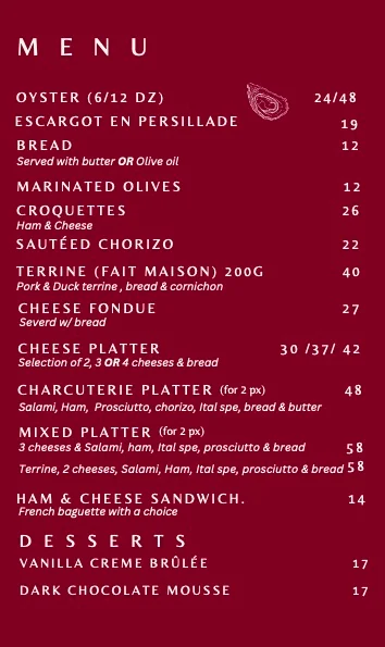 Menu, Whisper Wine Bar