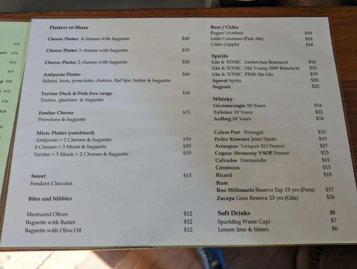 Menu, Whisper Wine Bar
