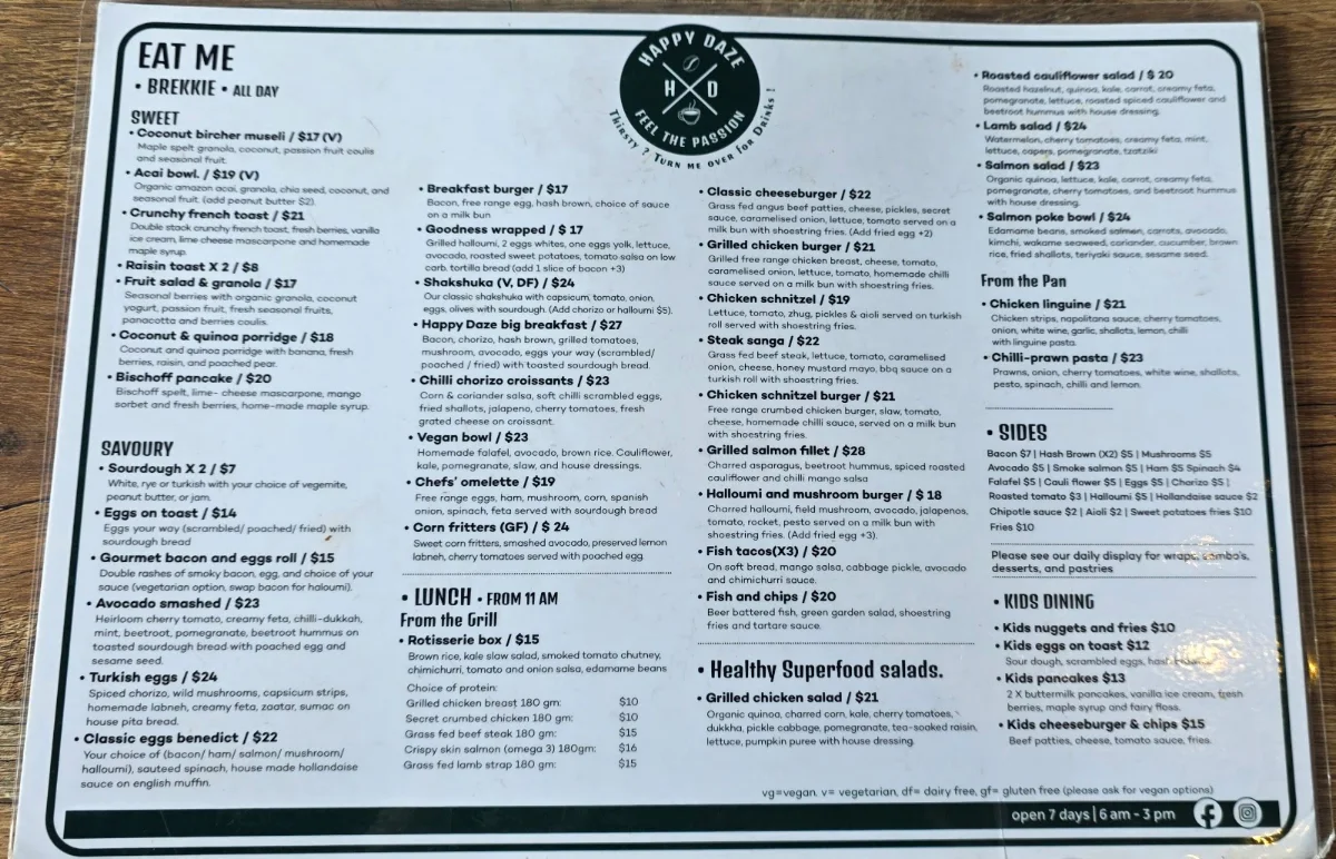 Menu, Happy Daze Cafe Waterloo