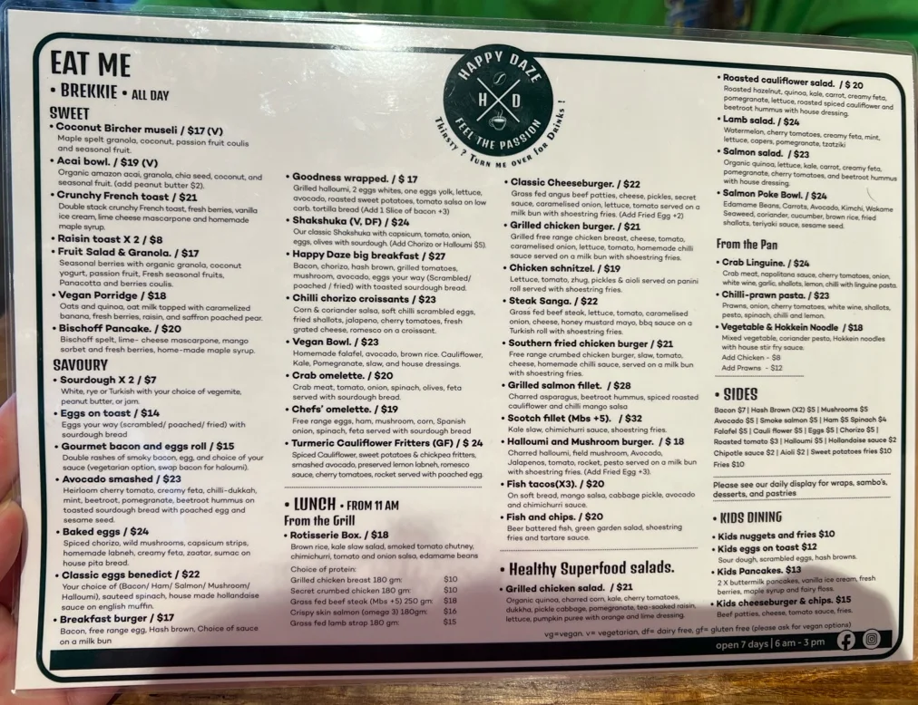 Menu, Happy Daze Cafe Waterloo