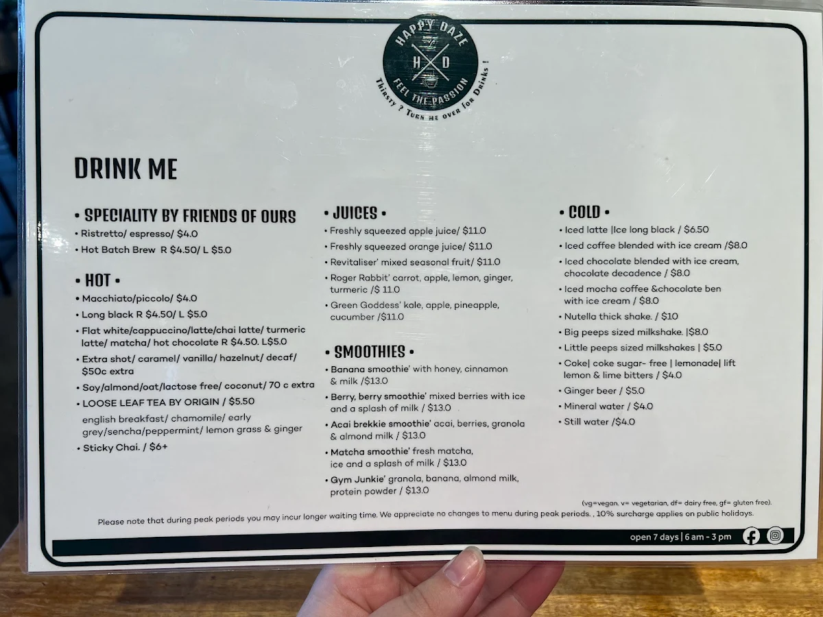 Menu, Happy Daze Cafe Waterloo