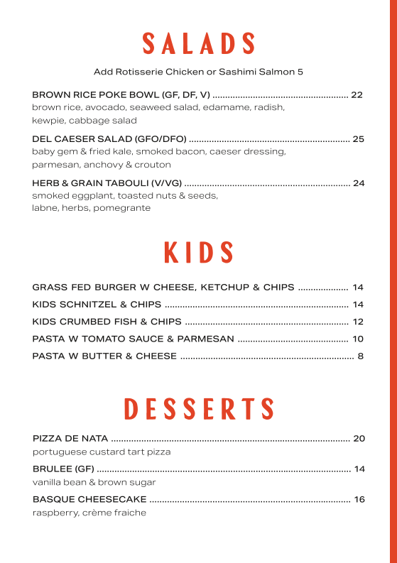 Menu, The Del Hotel & Pub