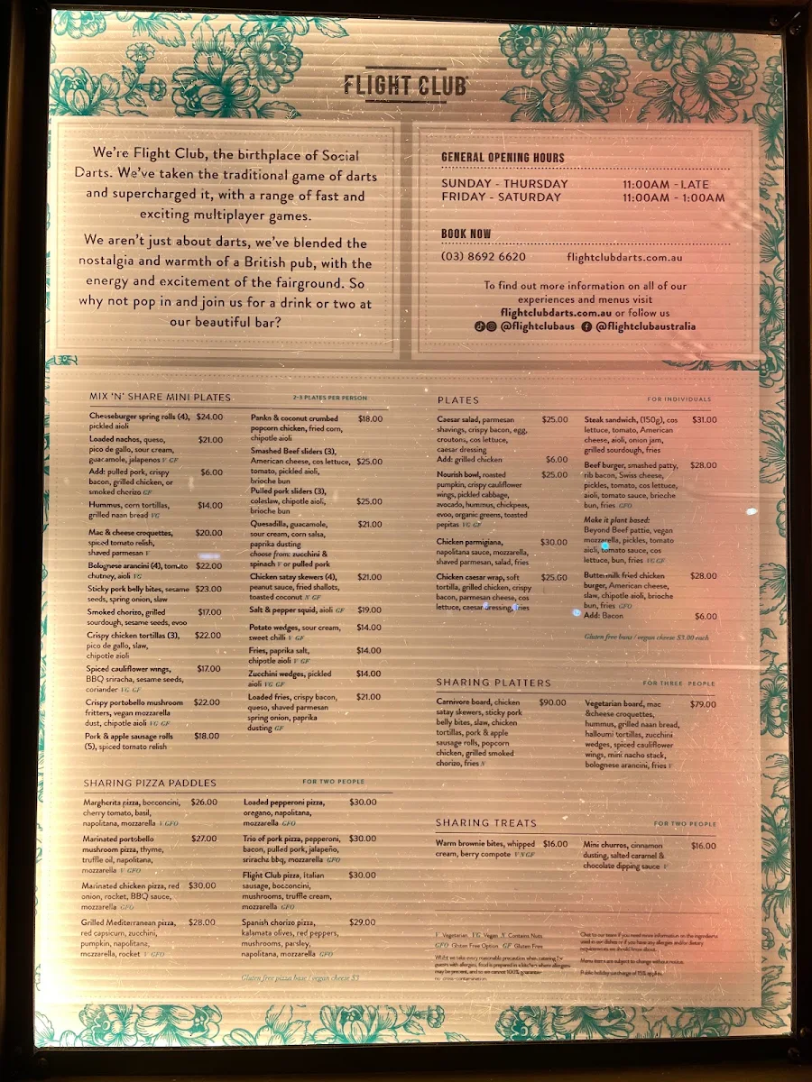 Menu, Flight Club Melbourne