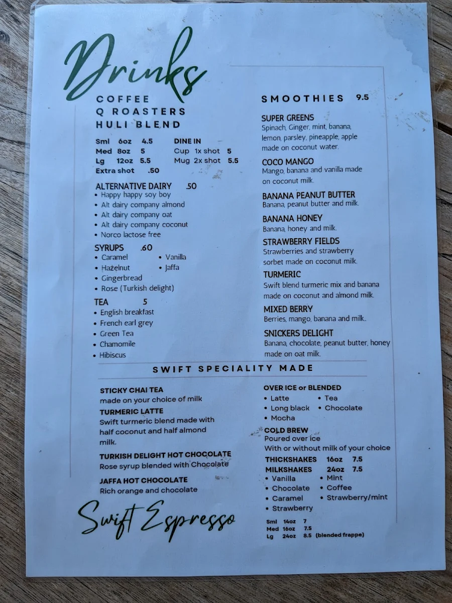 Menu, Swift Espresso
