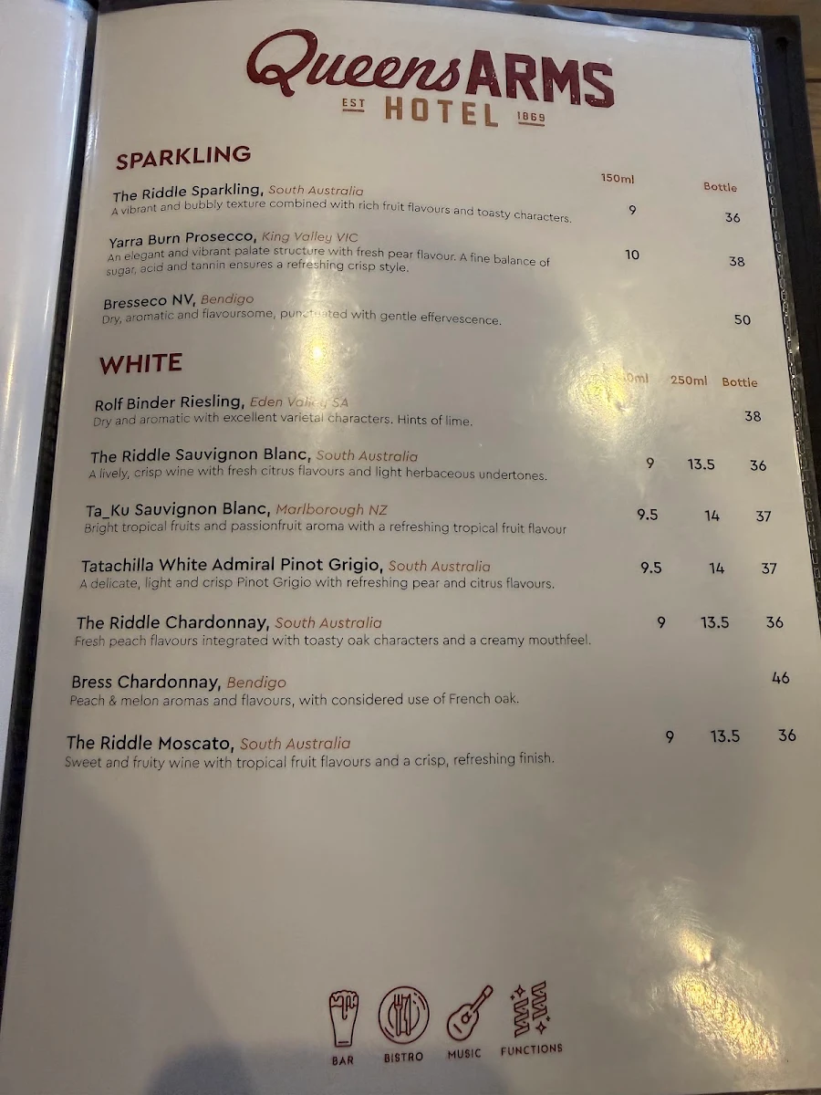 Menu, Queens Arms Hotel