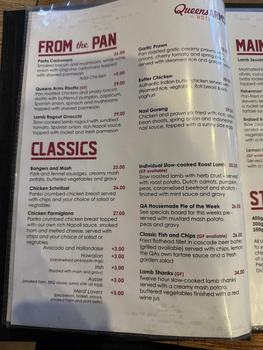 Menu, Queens Arms Hotel
