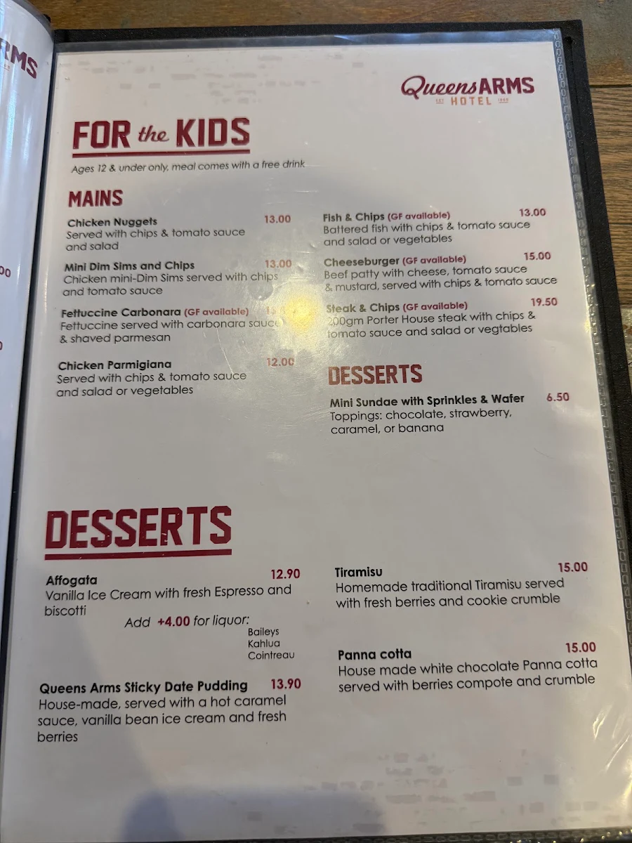 Menu, Queens Arms Hotel