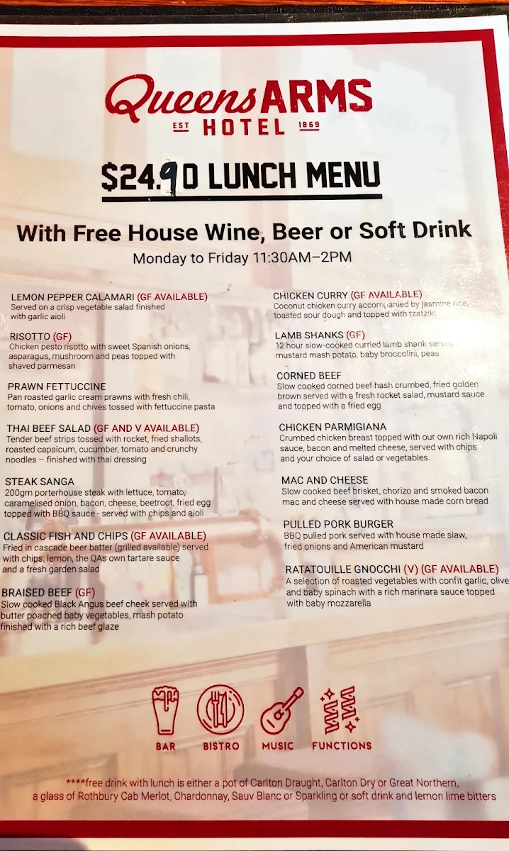 Menu, Queens Arms Hotel