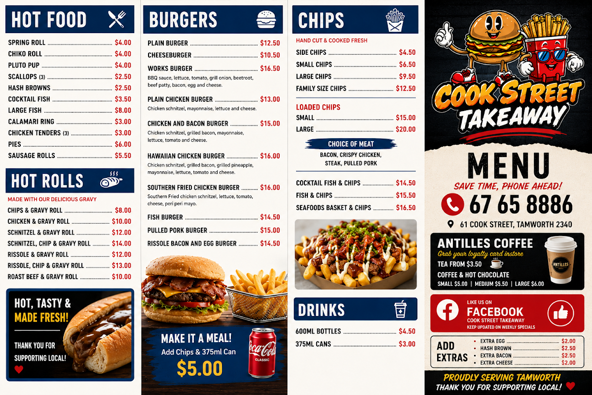 Menu, Cook street takeaway