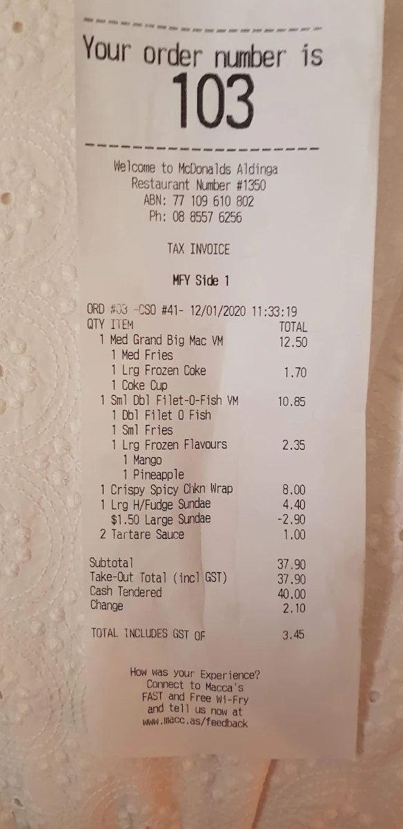 Menu, McDonald's Aldinga