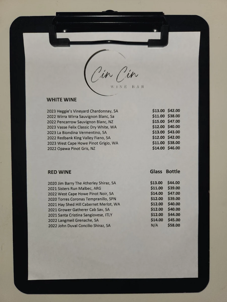 Menu, Cin Cin Restaurant & Wine Bar