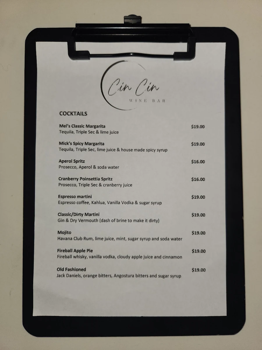 Menu, Cin Cin Restaurant & Wine Bar
