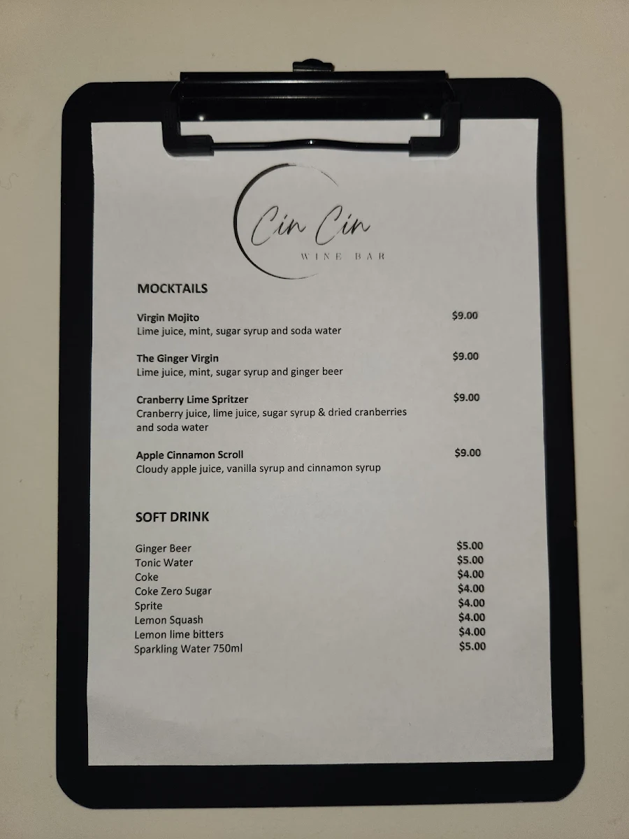 Menu, Cin Cin Restaurant & Wine Bar