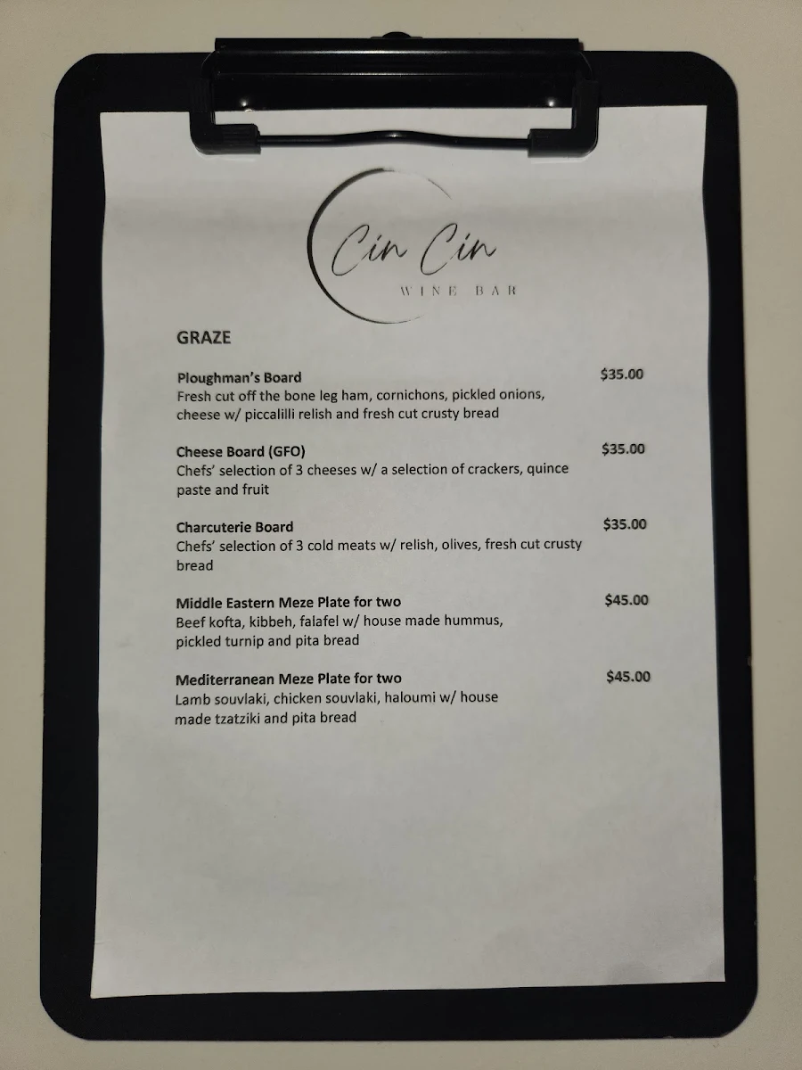Menu, Cin Cin Restaurant & Wine Bar