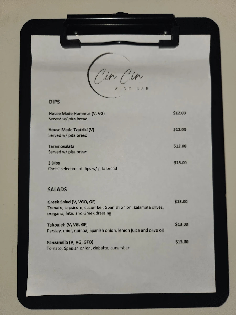 Menu, Cin Cin Restaurant & Wine Bar