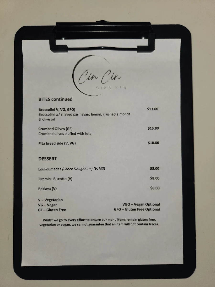 Menu, Cin Cin Restaurant & Wine Bar