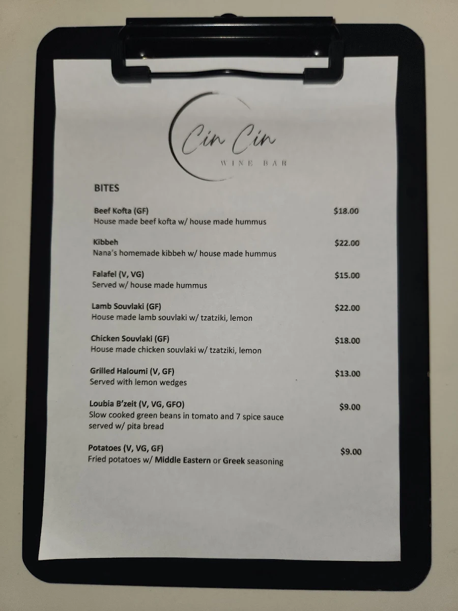 Menu, Cin Cin Restaurant & Wine Bar