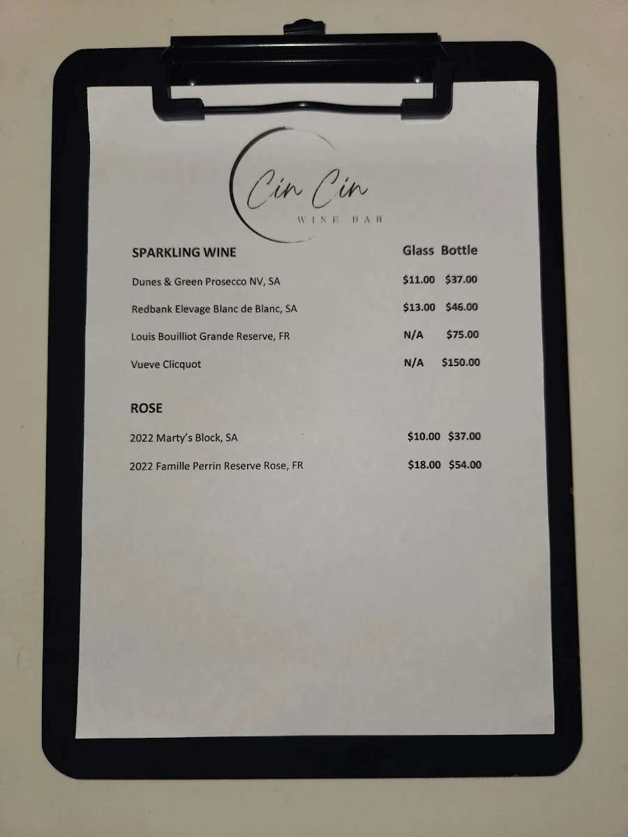 Menu, Cin Cin Restaurant & Wine Bar