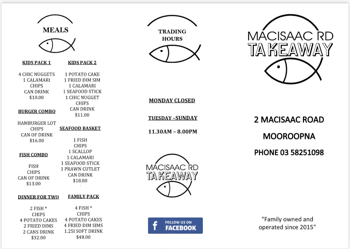 Menu, Macisaac Road Takeaway