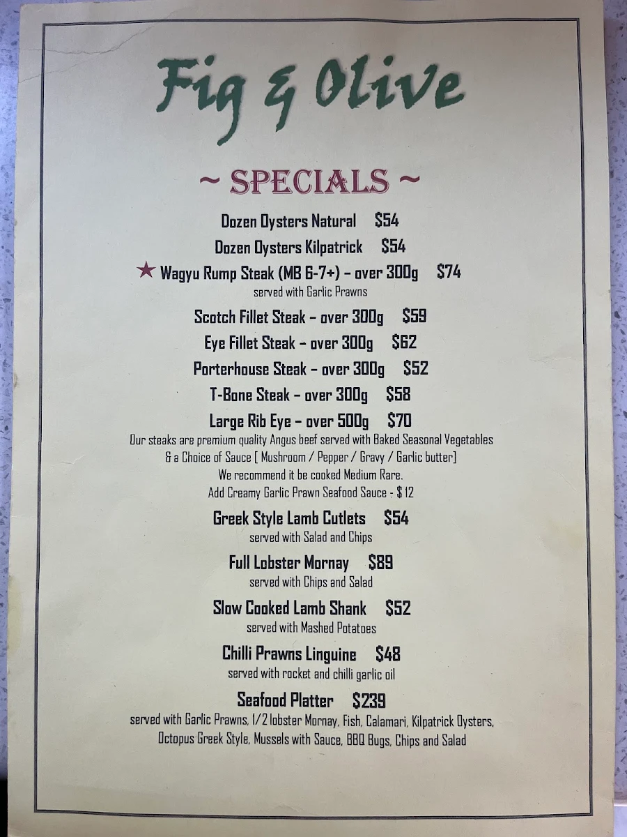 Menu, Fig and Olive Steakhouse & Seafood Restaurant
