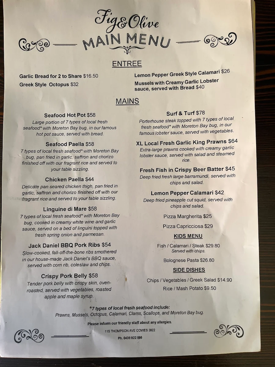 Menu, Fig and Olive Steakhouse & Seafood Restaurant