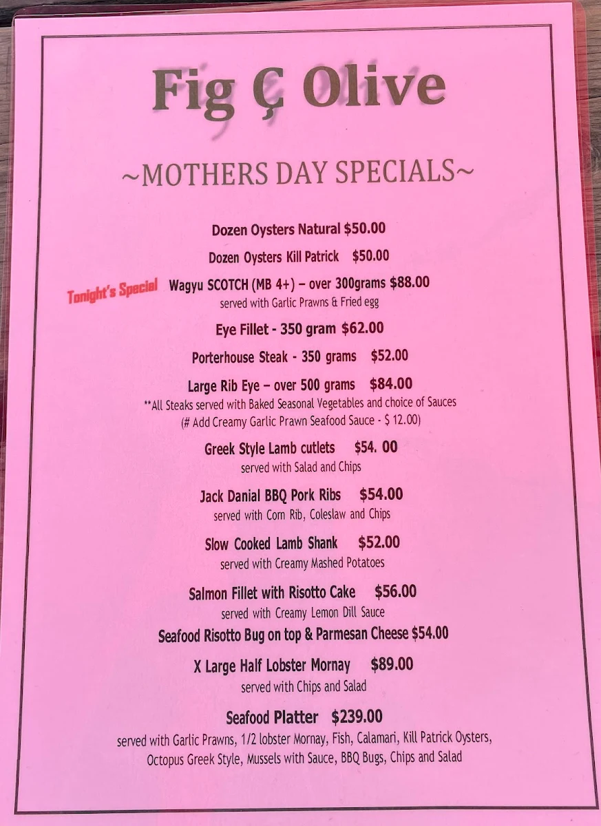 Menu, Fig and Olive Steakhouse & Seafood Restaurant