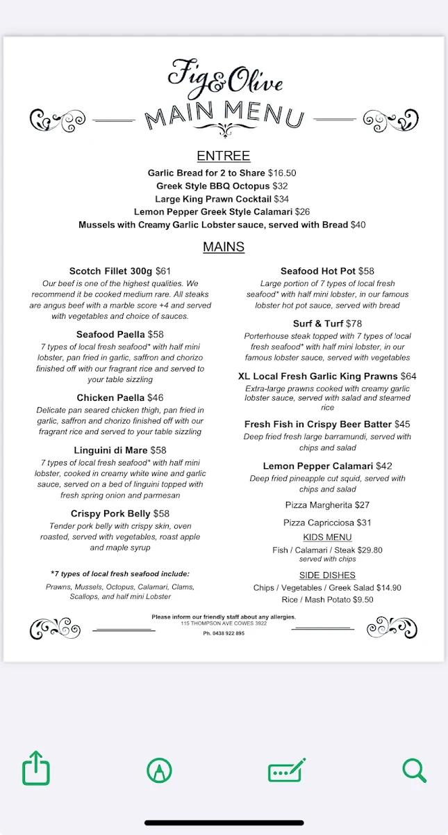 Menu, Fig and Olive Steakhouse & Seafood Restaurant