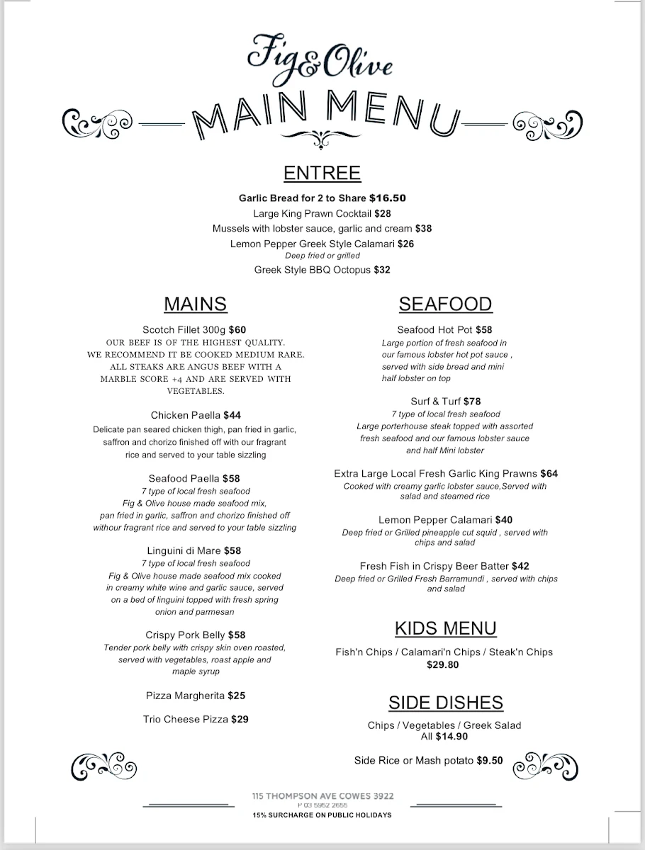 Menu, Fig and Olive Steakhouse & Seafood Restaurant