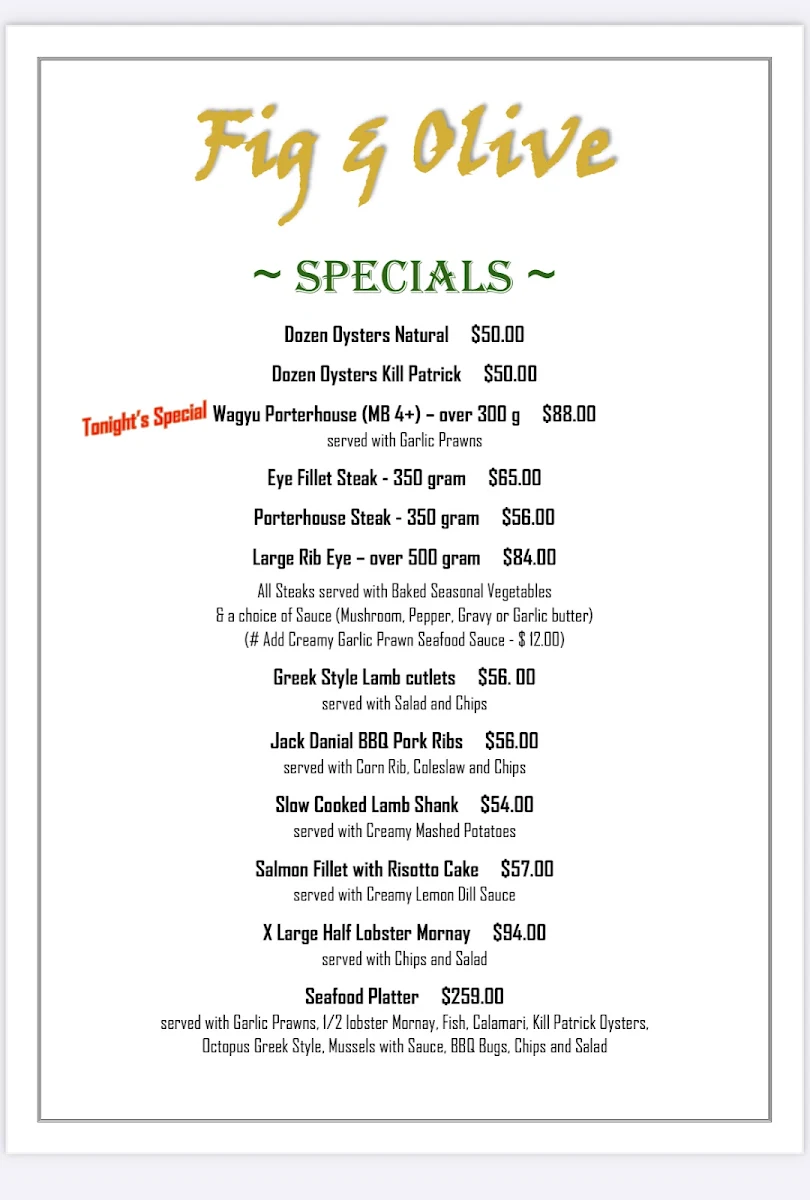 Menu, Fig and Olive Steakhouse & Seafood Restaurant