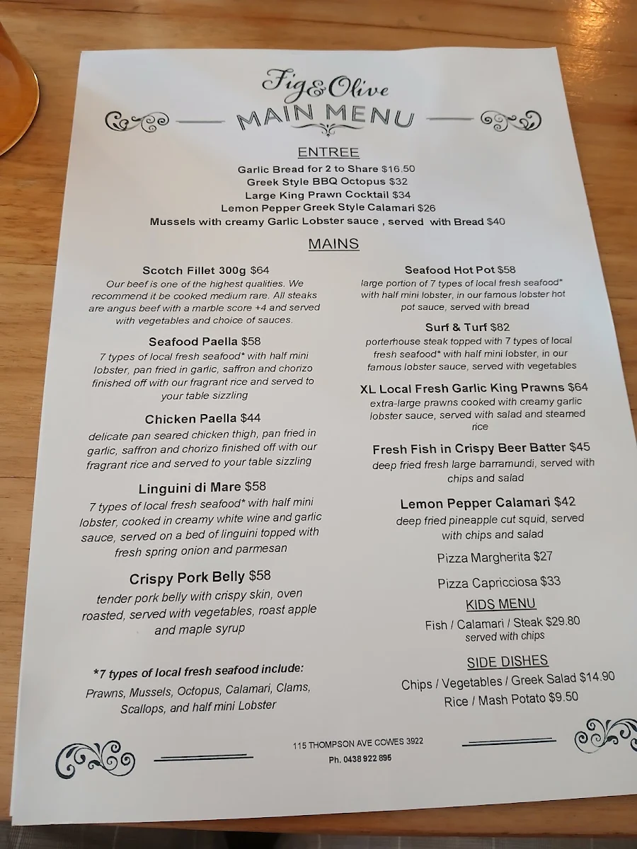 Menu, Fig and Olive Steakhouse & Seafood Restaurant