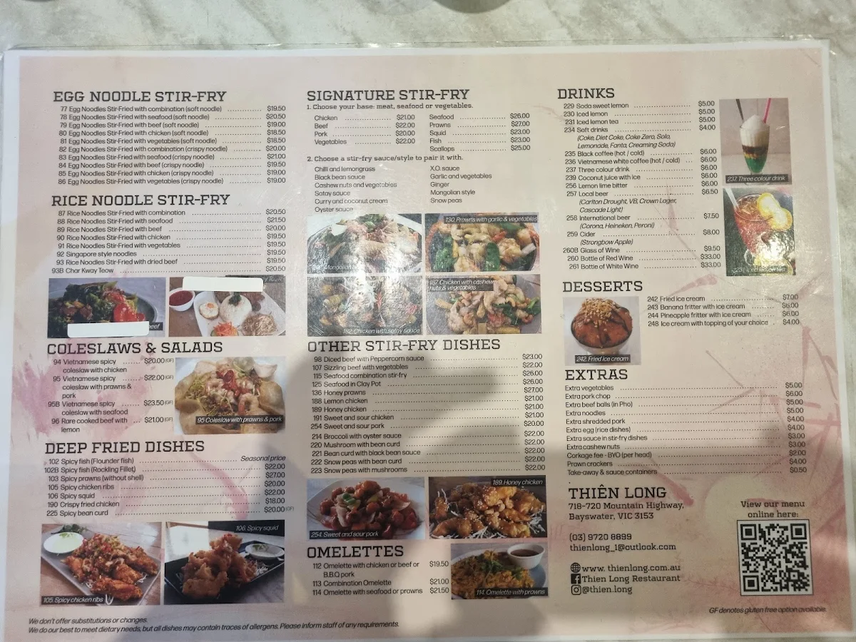 Menu, Thiên Long Restaurant