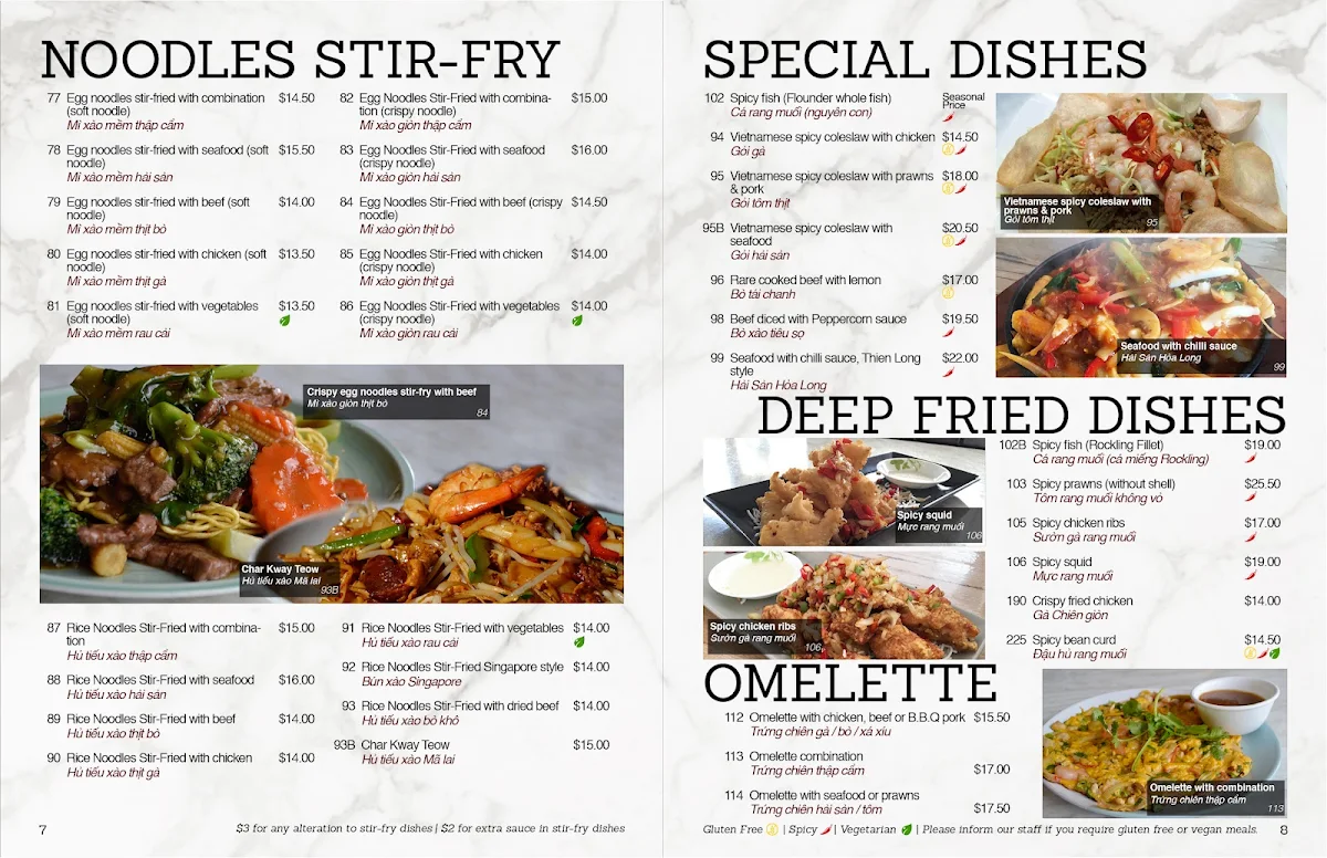Menu, Thiên Long Restaurant