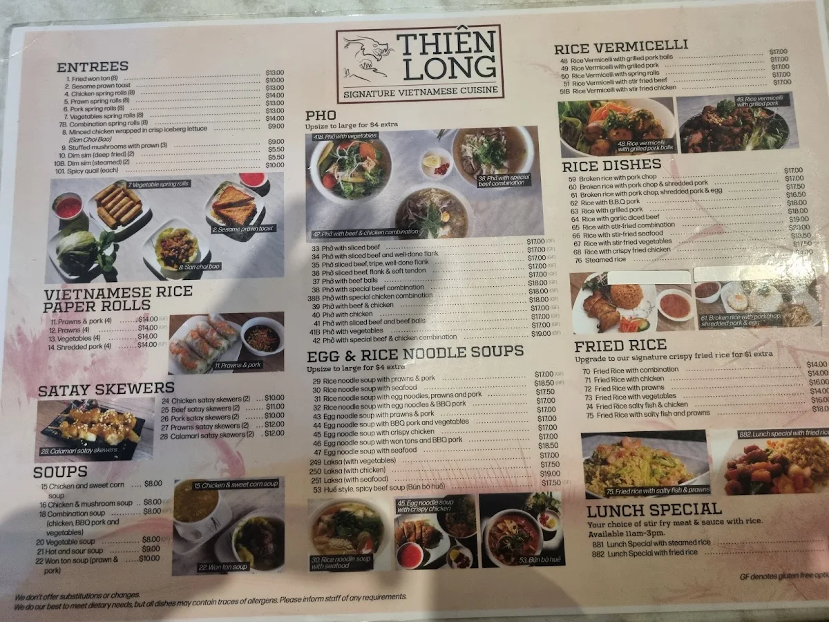 Menu, Thiên Long Restaurant