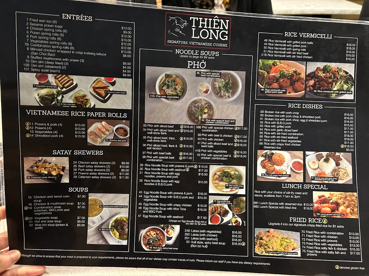 Menu, Thiên Long Restaurant