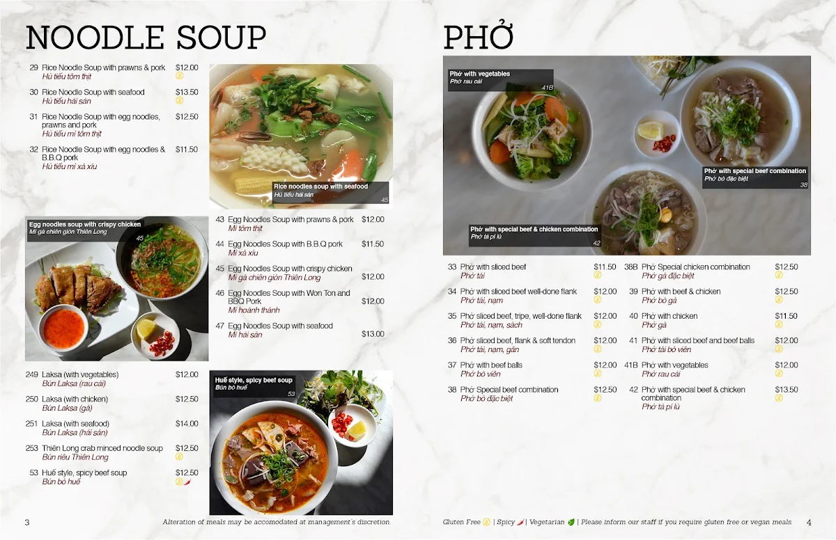 Menu, Thiên Long Restaurant